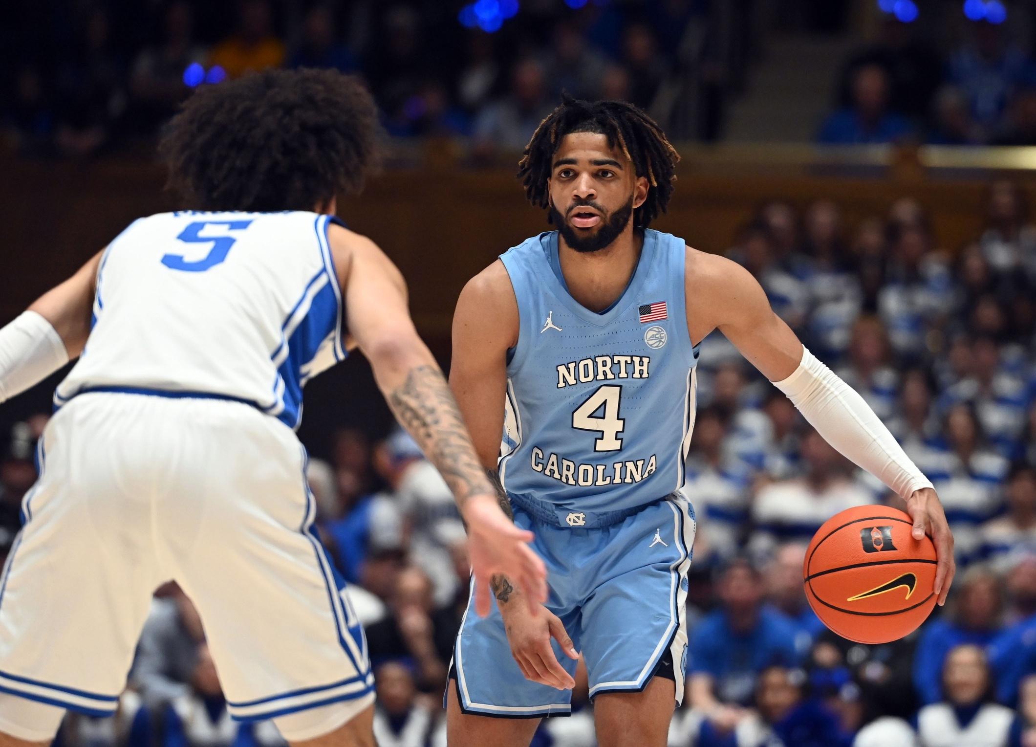UNC guard RJ Davis guarded by Duke guard Tyrese Proctor